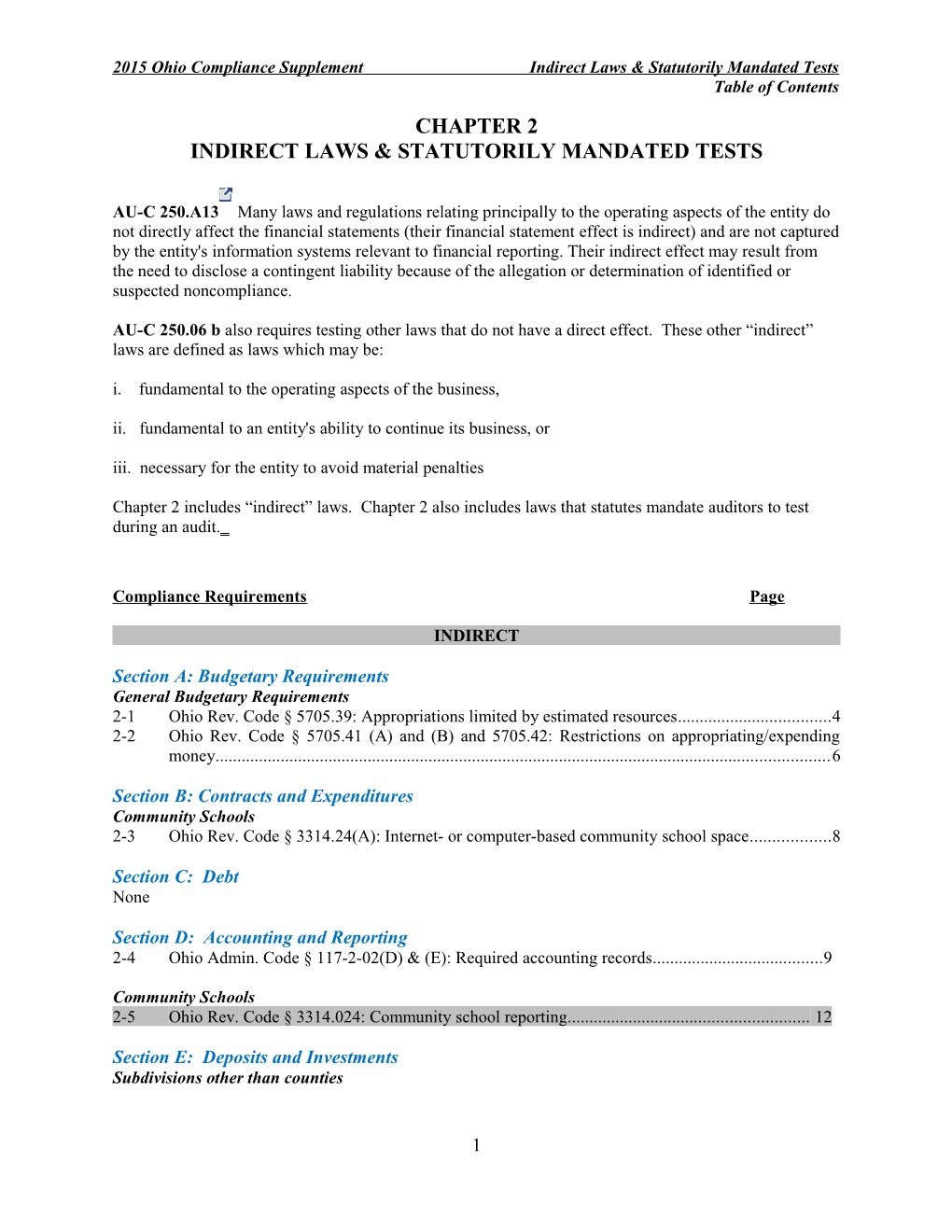 2015 Ohio Compliance Supplement Indirect Laws & Statutorily Mandated Tests