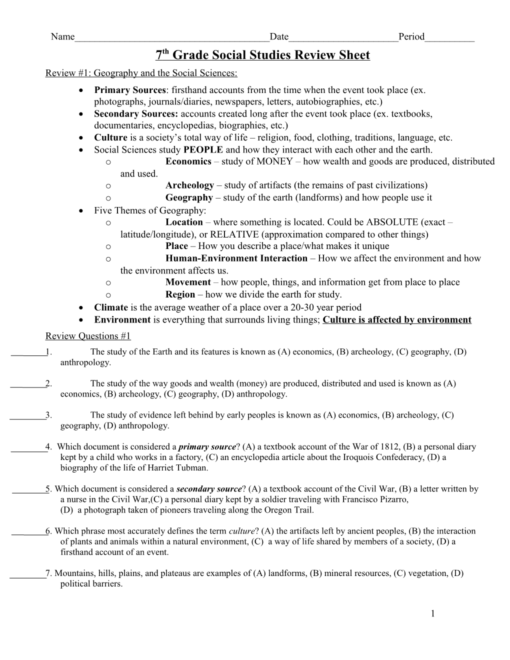 7Th Grade Mid Term Social Studies Review Sheet