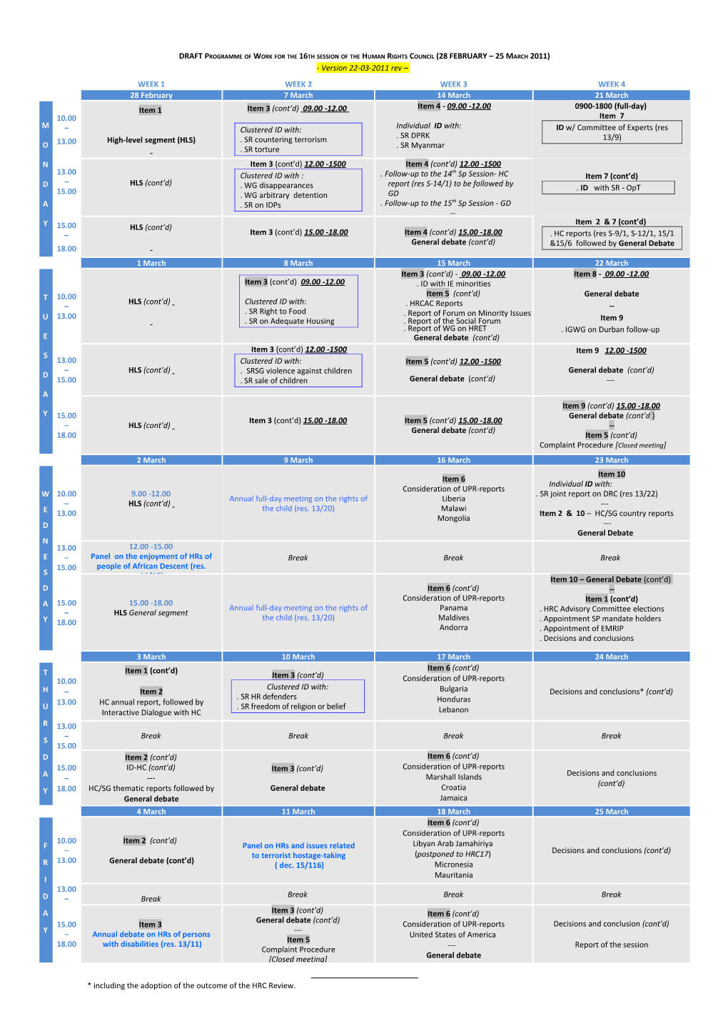 Programme of Work for the 13Th Session of the Human Rights Council (1 - 26 March 2010)