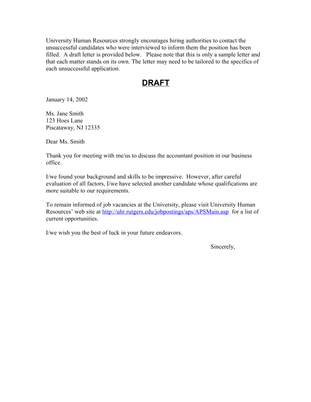 Applicant Rejection Letter - Sample