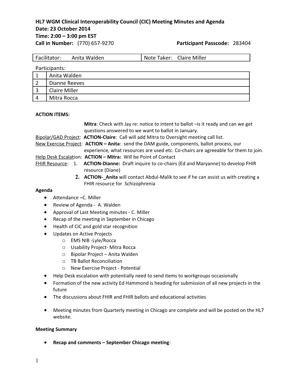 HL7 WGM Clinical Interoperability Council (CIC) Meeting Minutes and Agenda s2