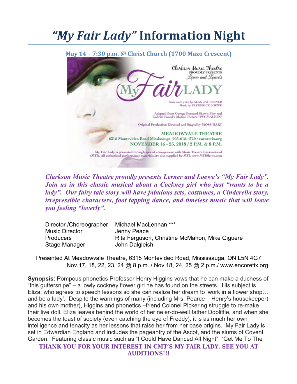 My Fair Lady Information Night