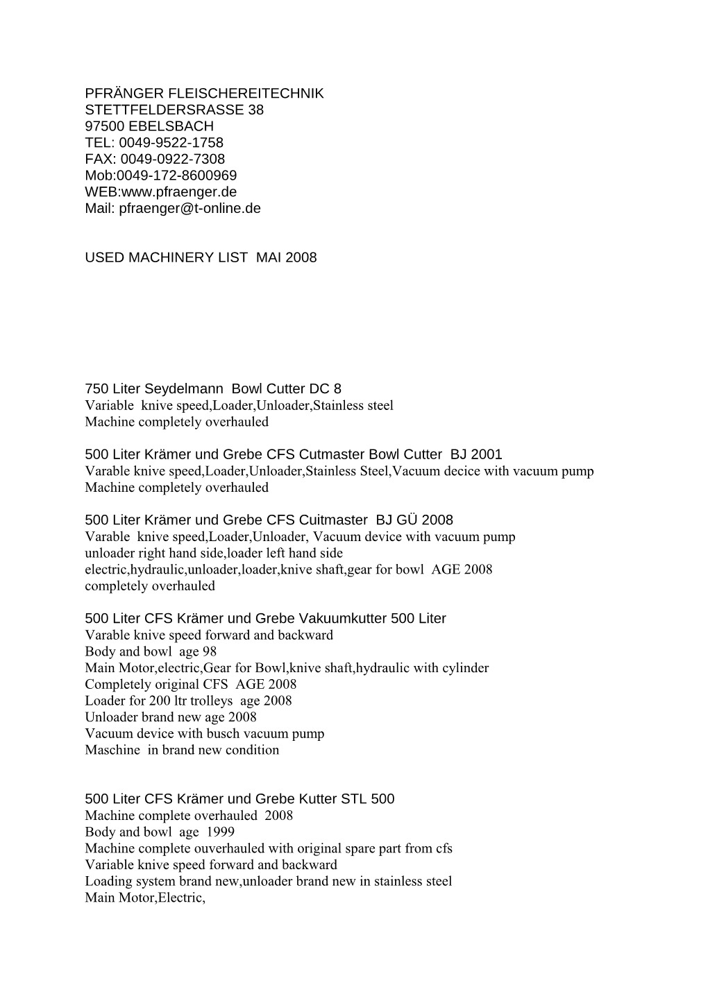 Used Machinery List Mai 2008