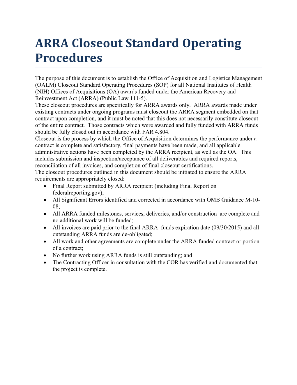 ARRA Closeout Standard Operating Procedures