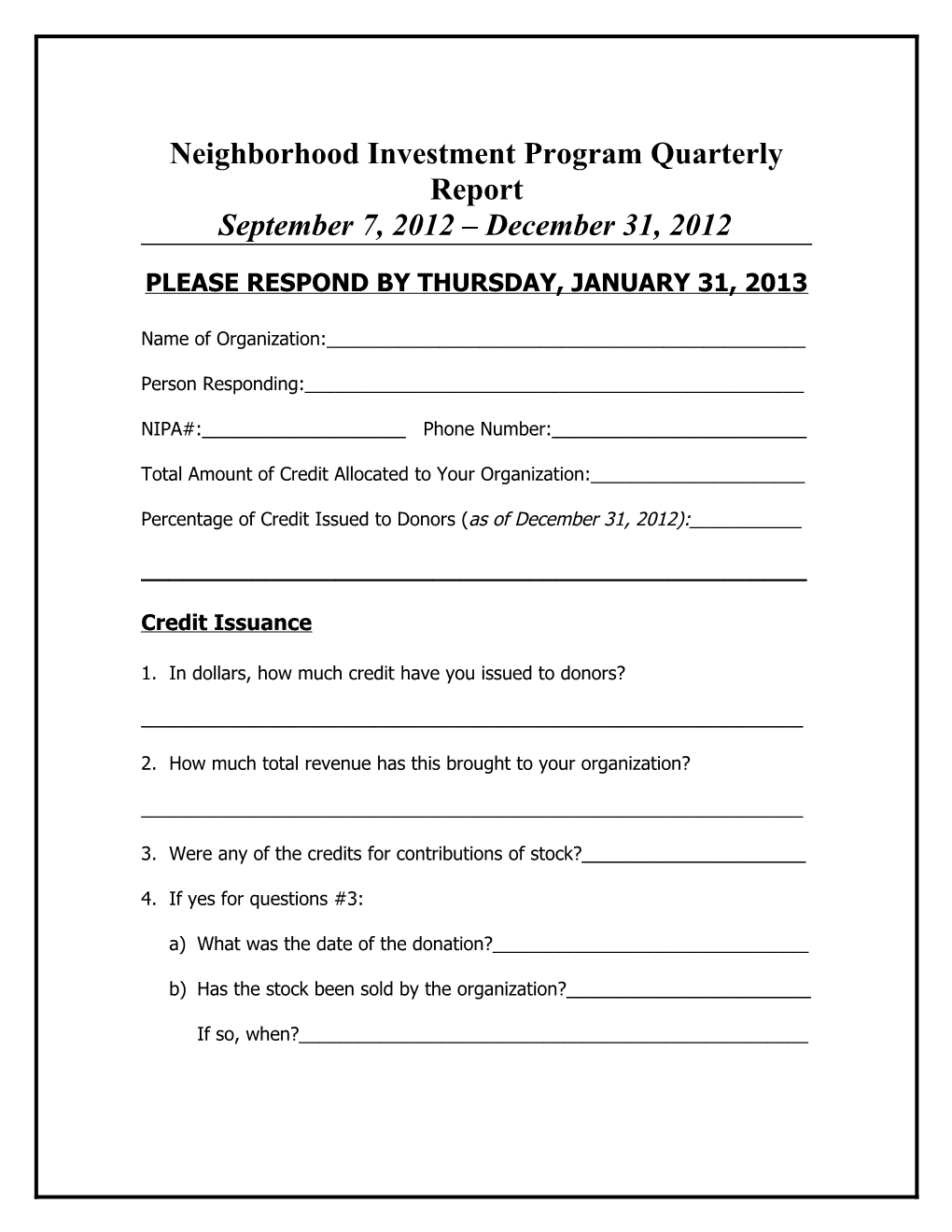 Neighborhood Investment Program Quarterly Report