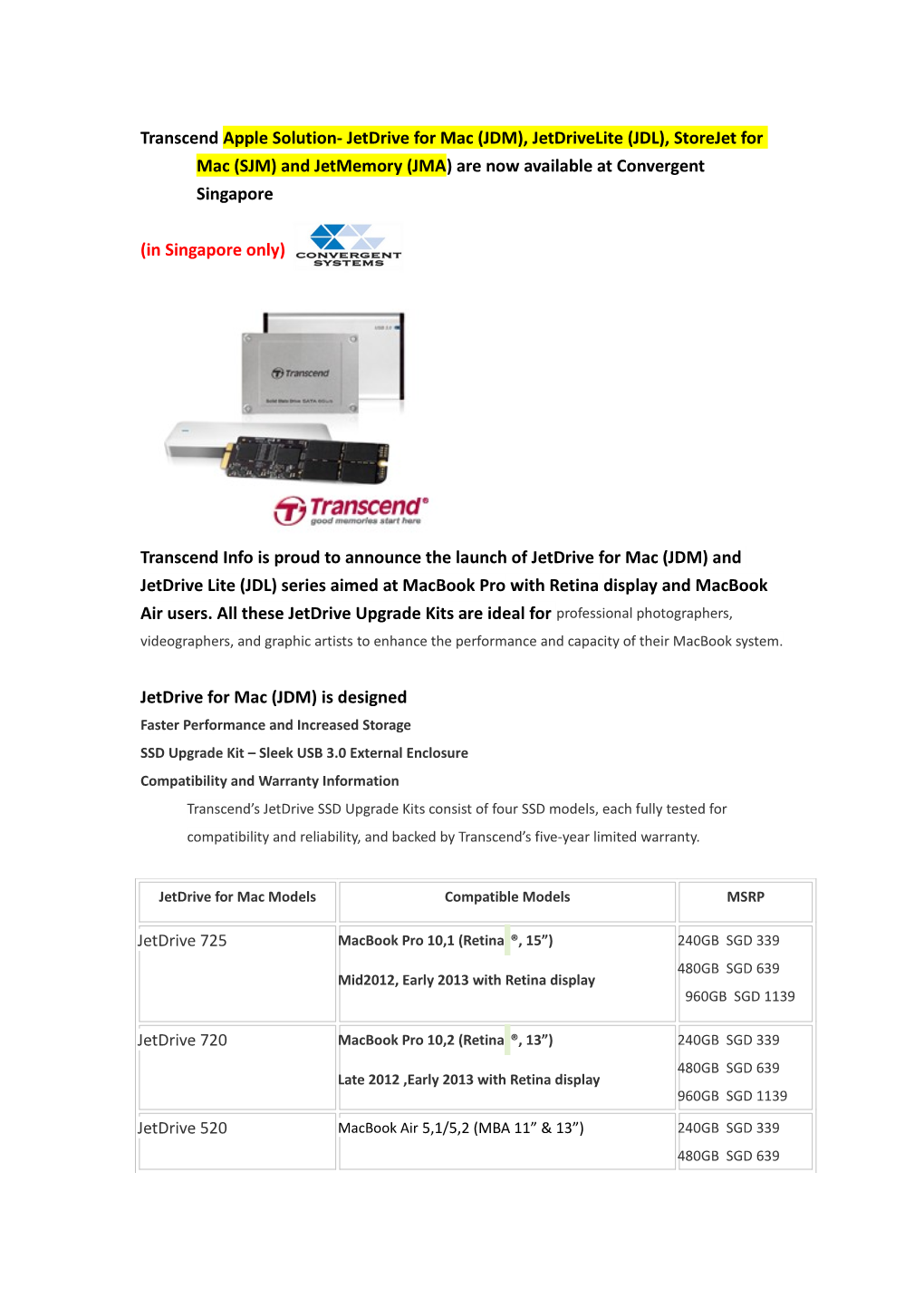 Transcend Apple Solution- Jetdrive for Mac (JDM), Jetdrivelite (JDL), Storejet for Mac