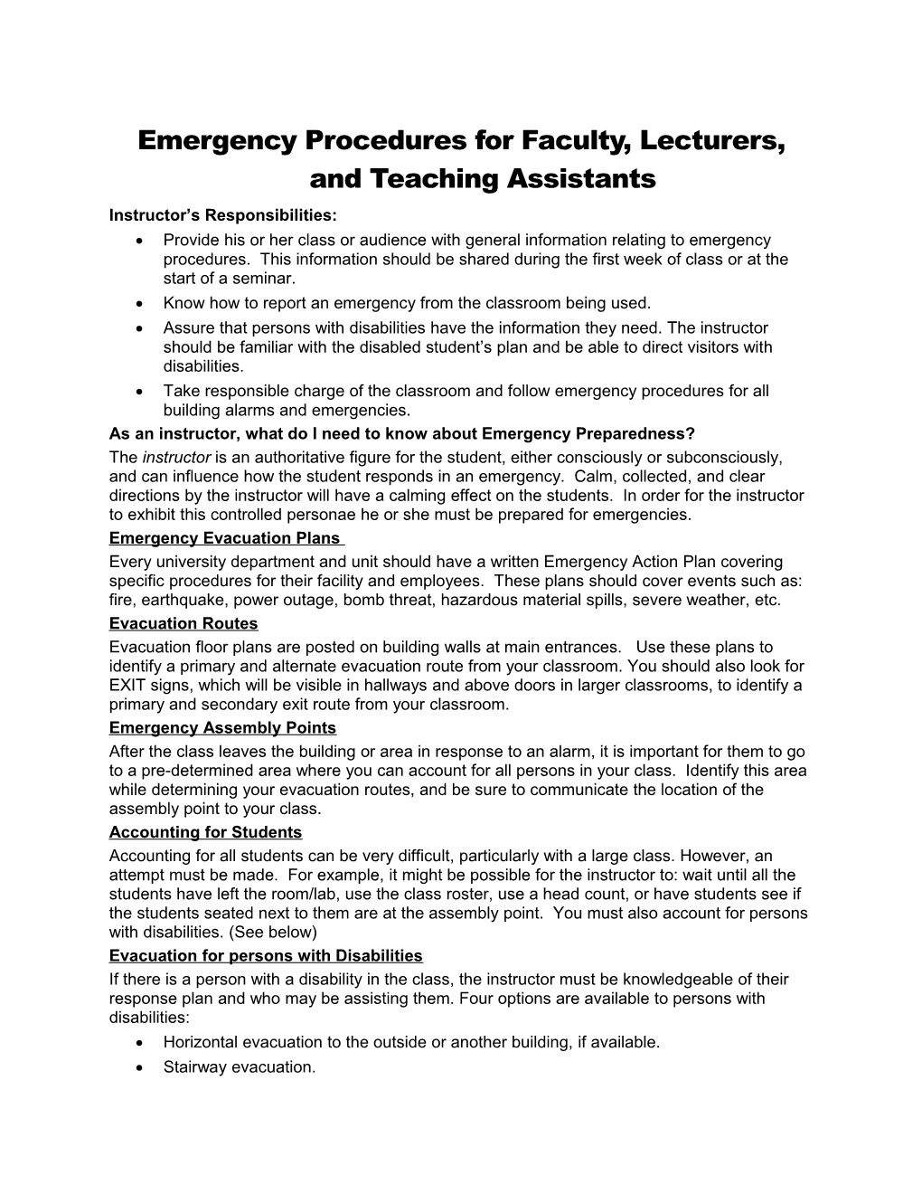 Emergency Procedures for Faculty, Lecturers, and Teaching Assistants