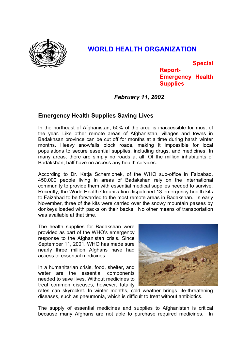 Special Report- Emergency Health Supplies