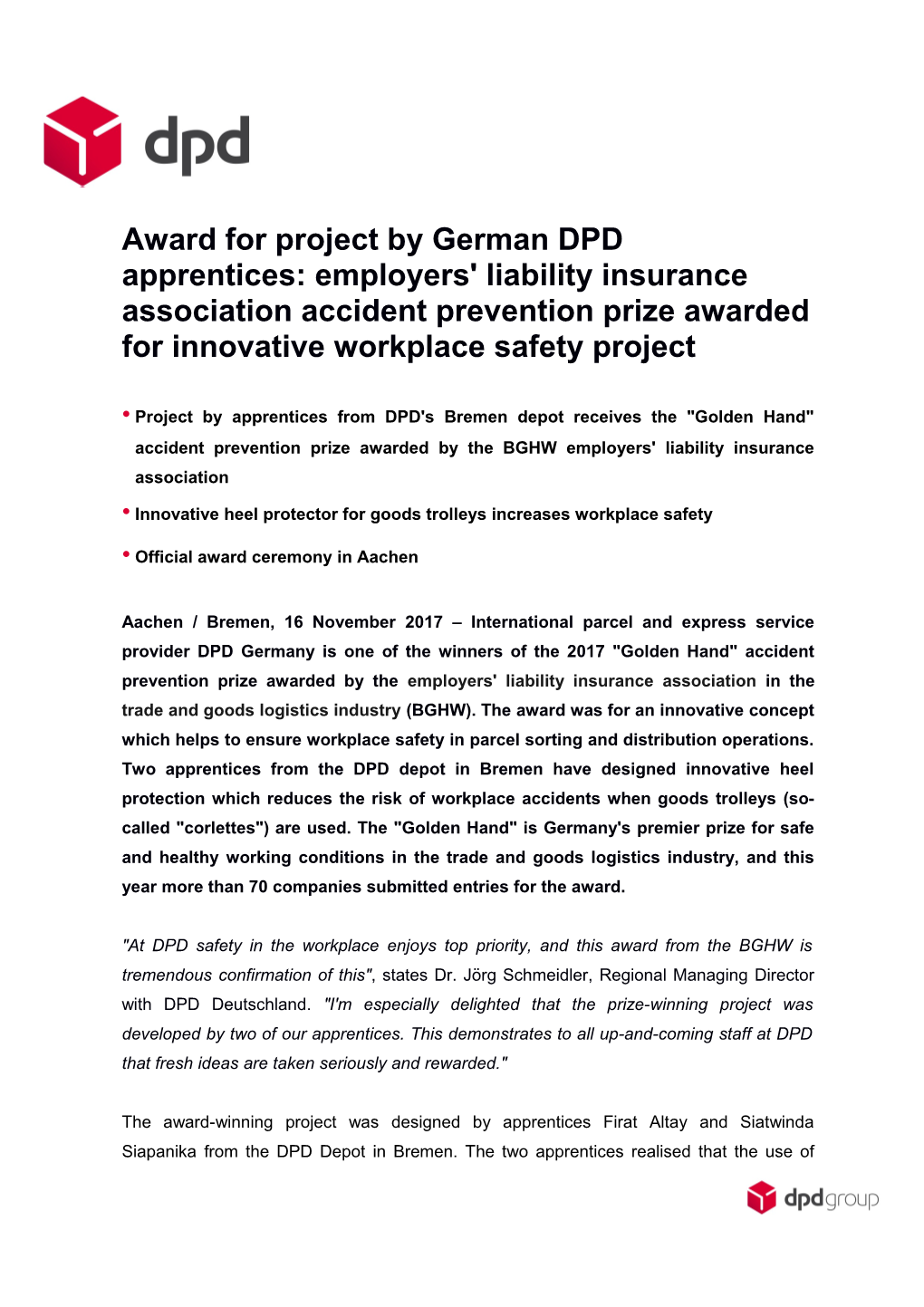 Award for Project by German DPD Apprentices: Employers' Liability Insurance Association