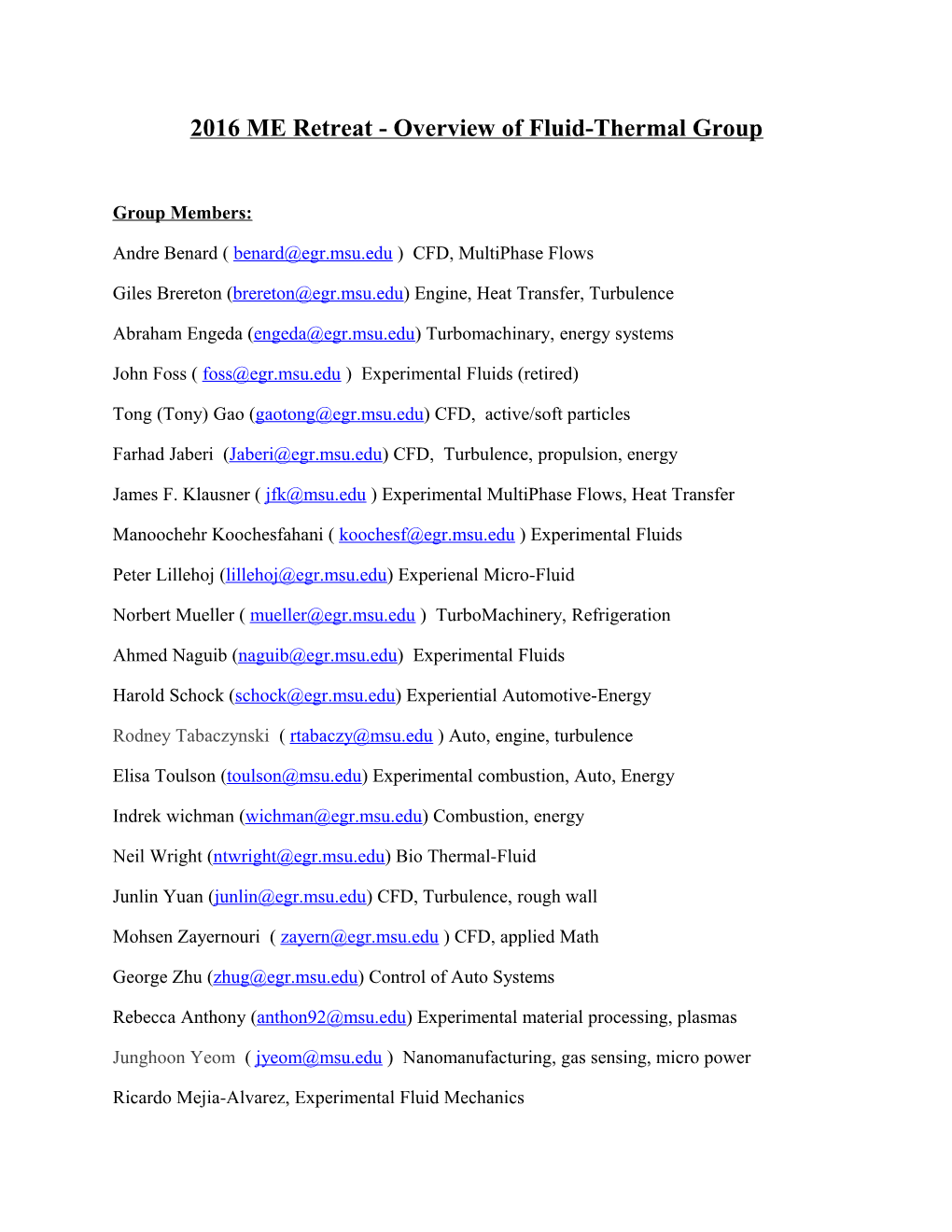2016 ME Retreat - Overview of Fluid-Thermal Group