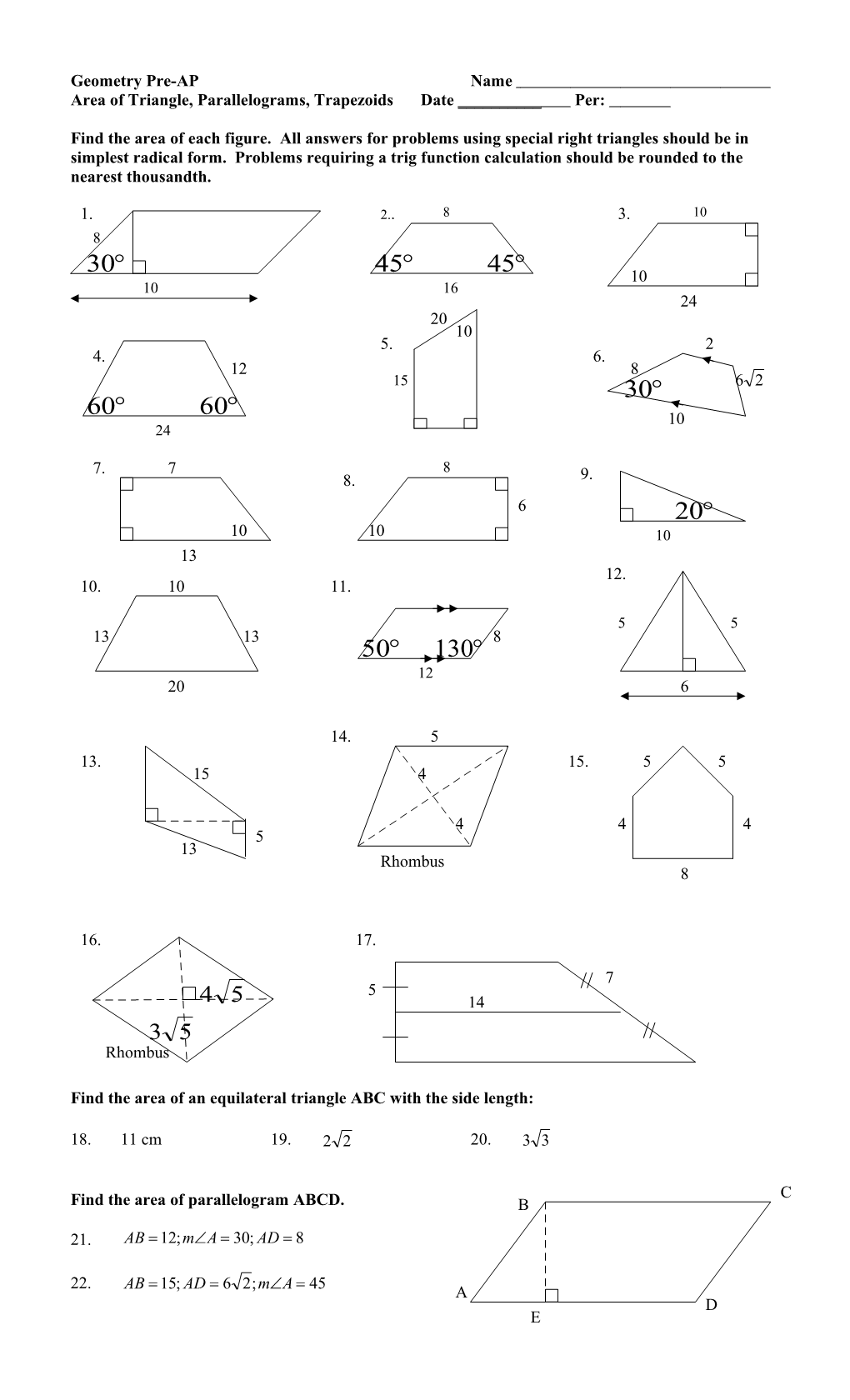 Area of Triangle, Parallelograms, Trapezoids Date ______Per