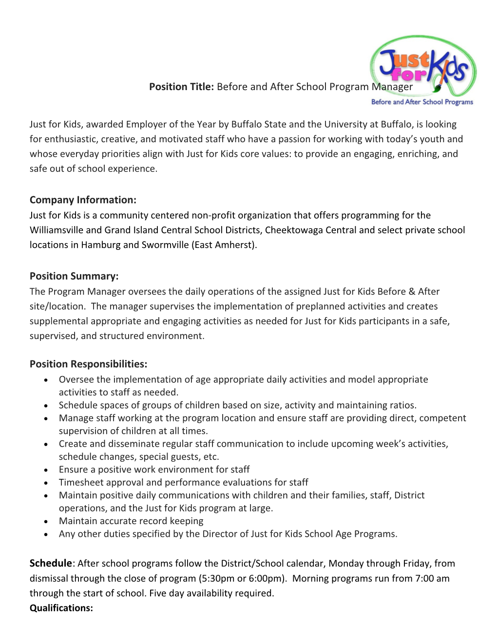 Position Title: Before and After School Program Manager