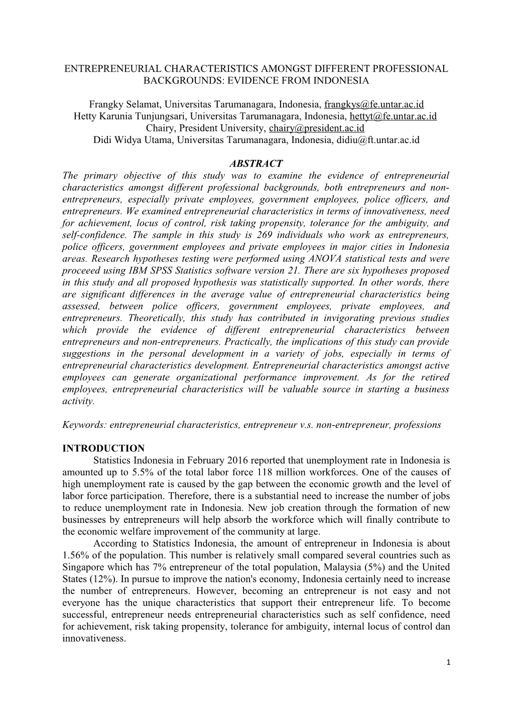 Entrepreneurial Characteristics Amongst Different Professional Backgrounds: Evidence From