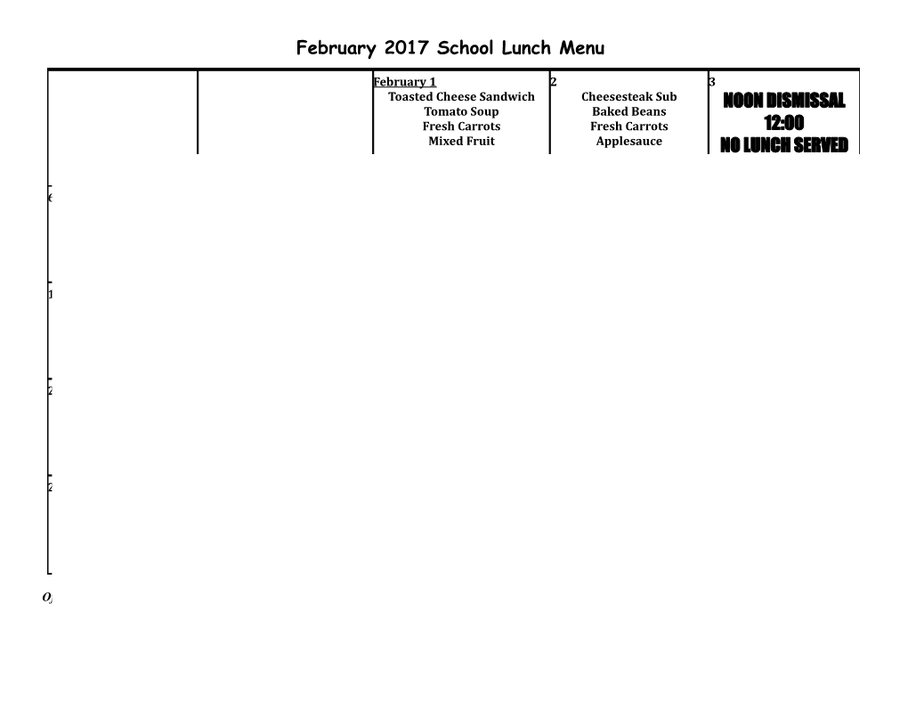 February 2017 School Lunch Menu