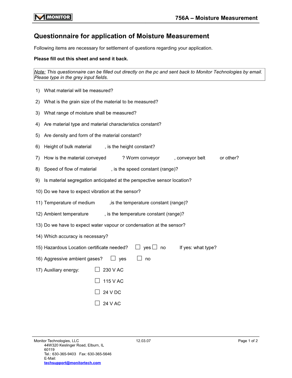 Questionnaire for Application of Moisture Measurement