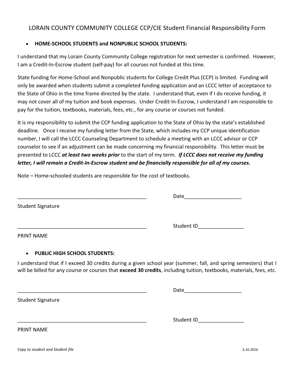 LORAIN COUNTY COMMUNITY COLLEGE CCP/CIE Student Financial Responsibility Form