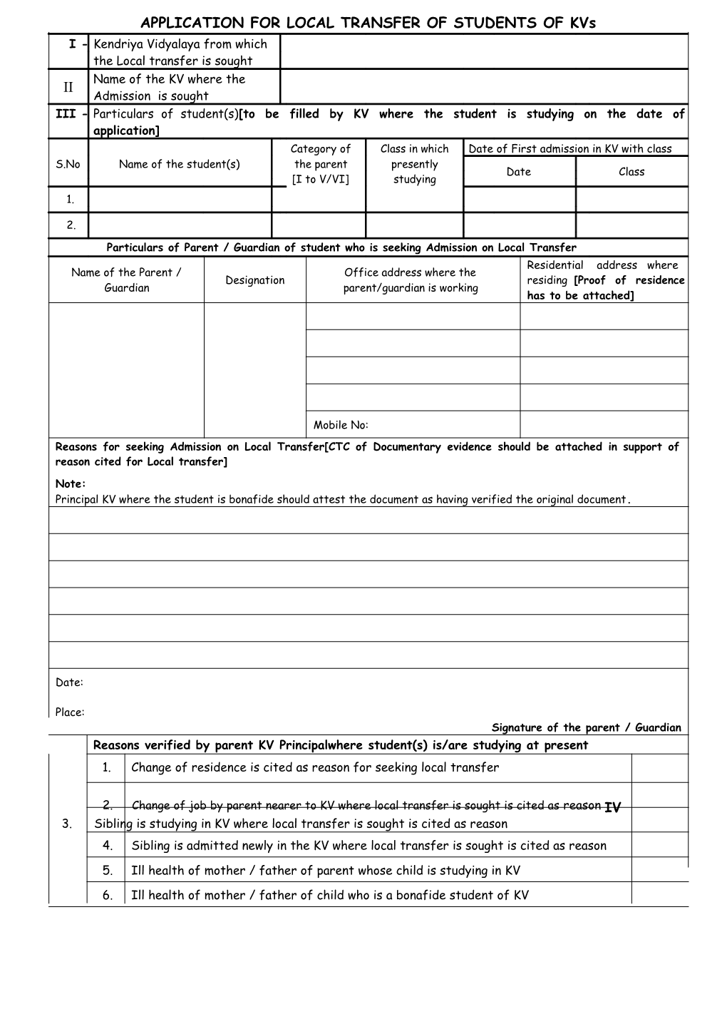 APPLICATION for LOCAL TRANSFER of STUDENTS of Kvs