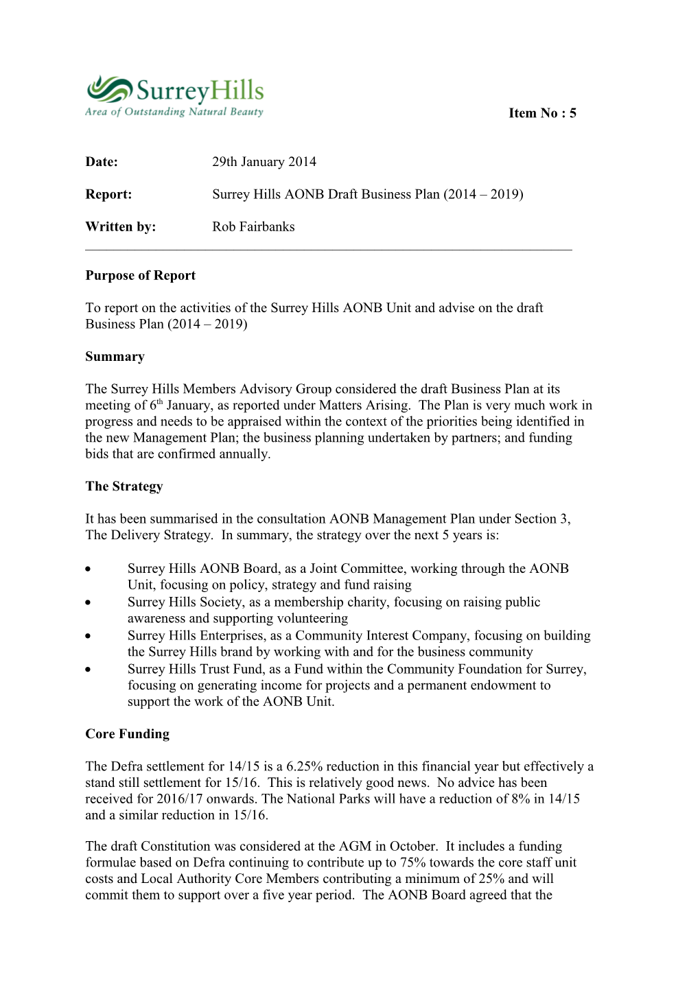 Report: Surrey Hills AONB Draft Business Plan (2014 2019)