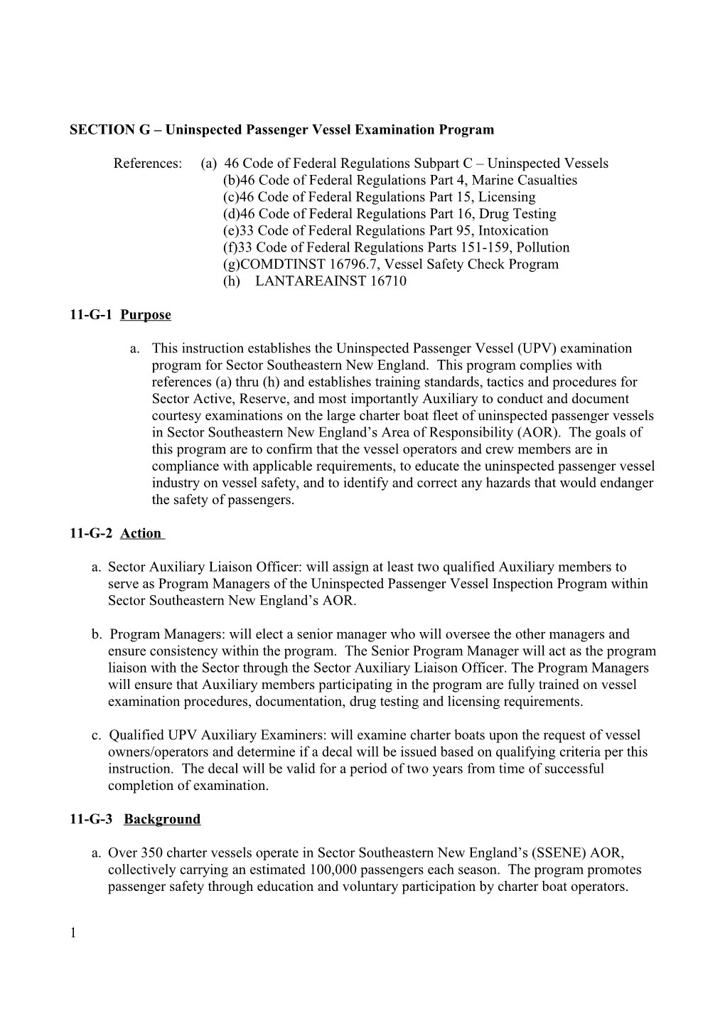 Section G Uninspected Passenger Vessel Examination Program