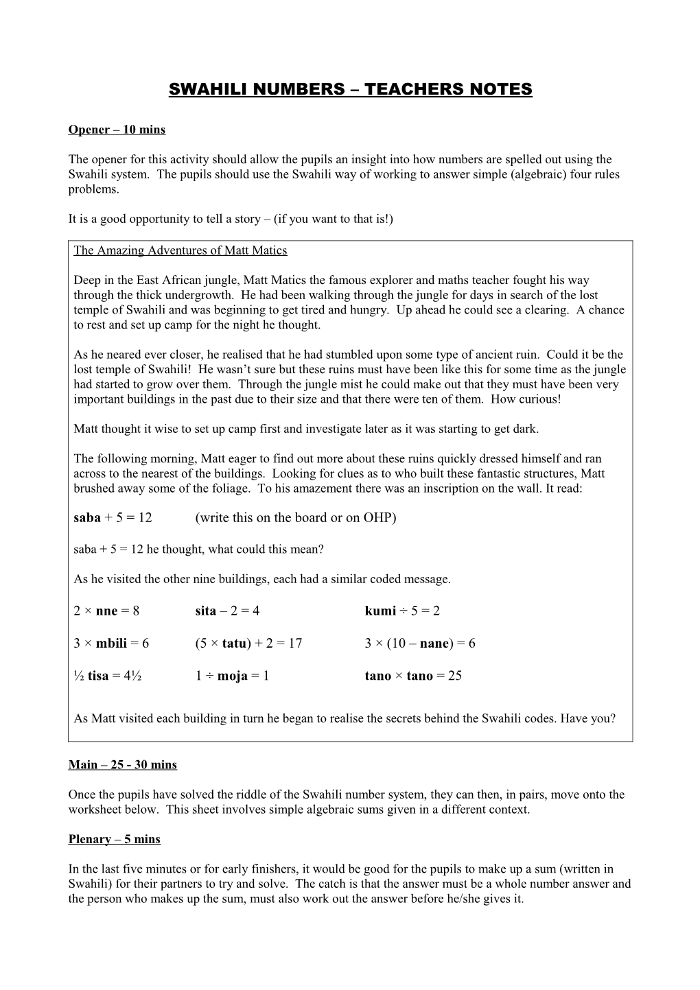 Swahili Numbers Teachers Notes