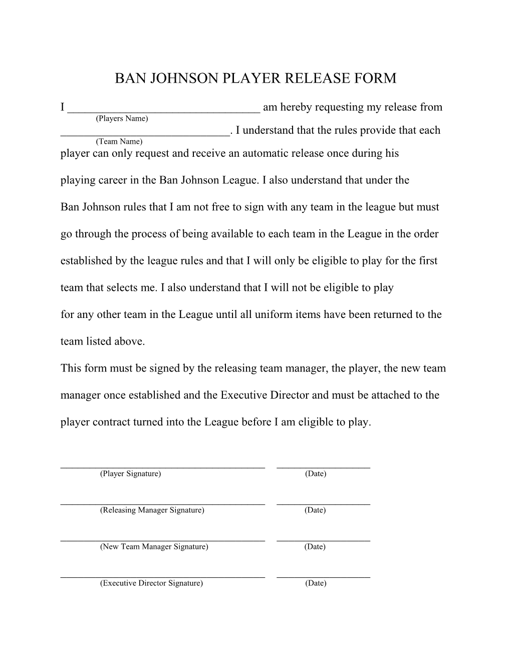 Ban Johnson Player Release Form