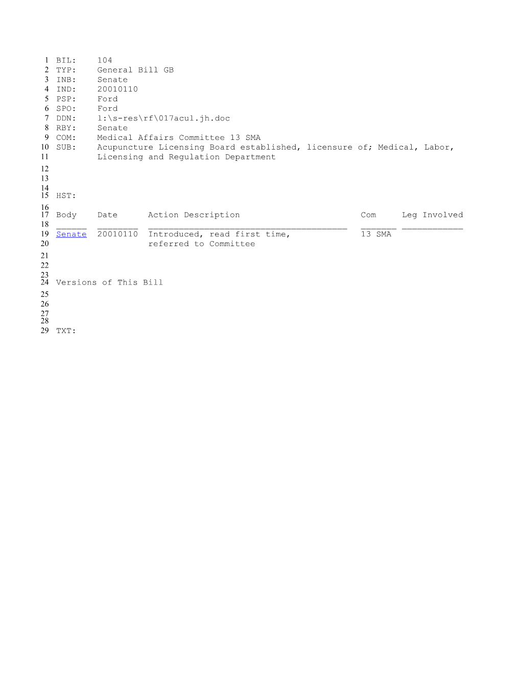 2001-2002 Bill 104: Acupuncture Licensing Board Established, Licensure Of; Medical, Labor