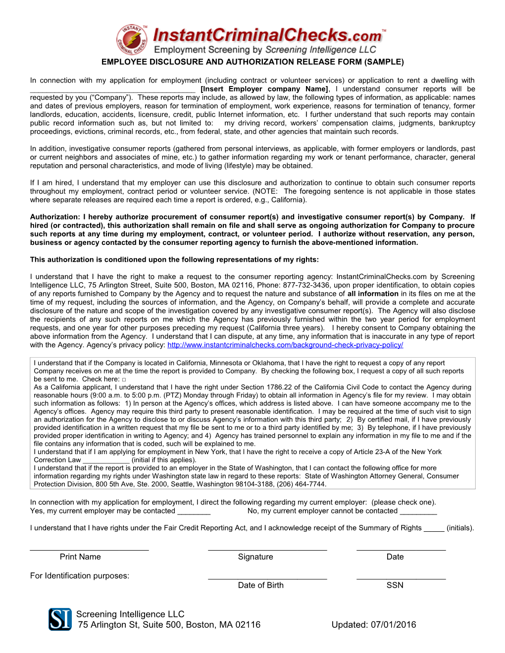 Employee Disclosure and Authorization Release Form