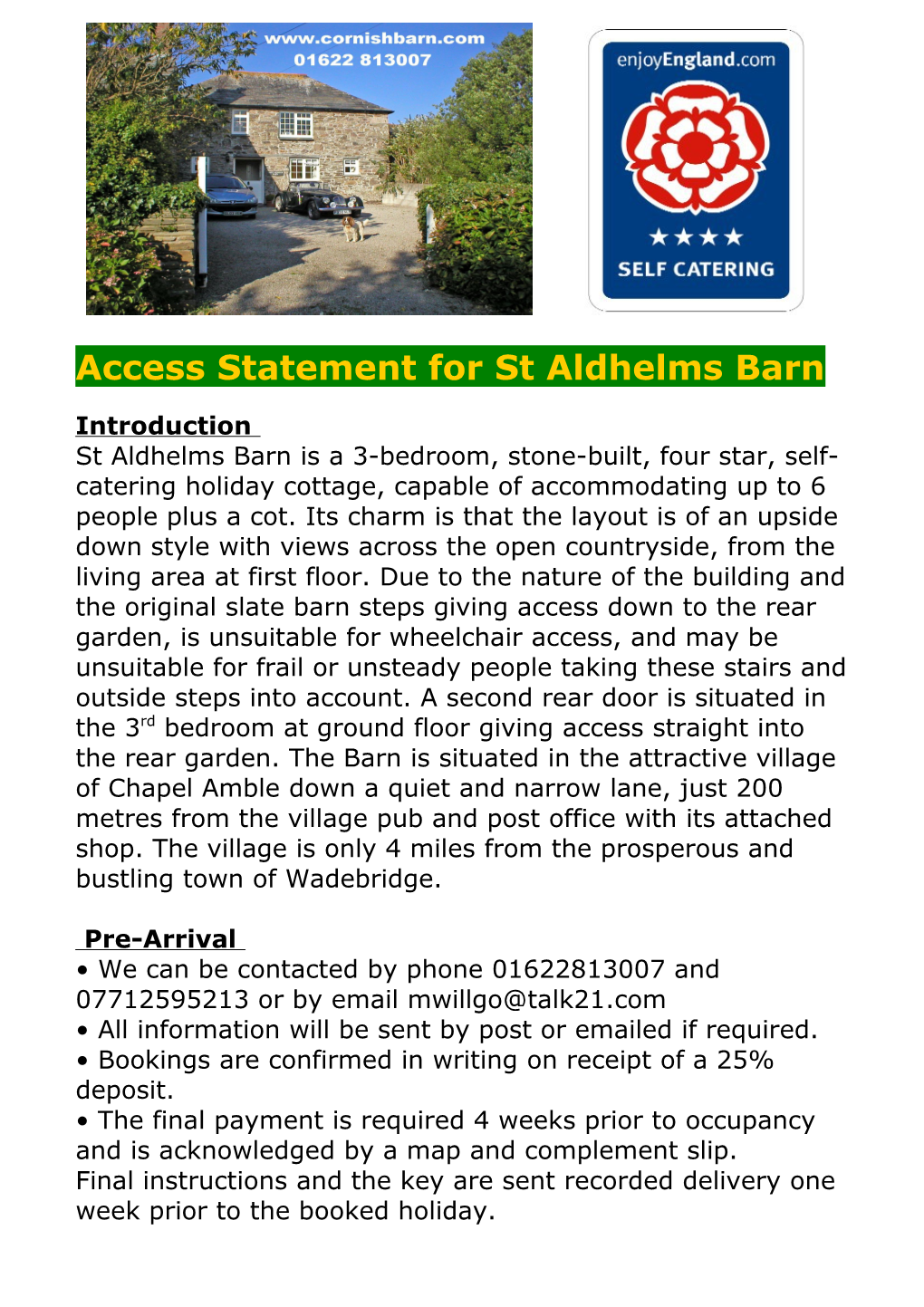 Access Statement for St Aldhelms Barn