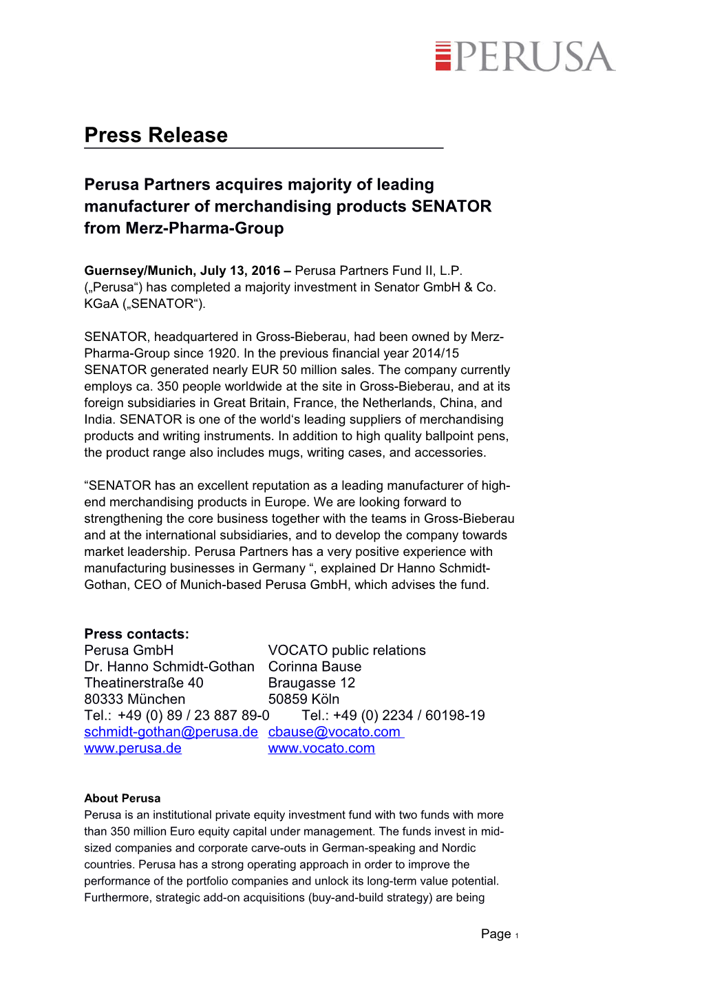 Perusa Partners Acquires Majority of Leading Manufacturer of Merchandising Products SENATOR