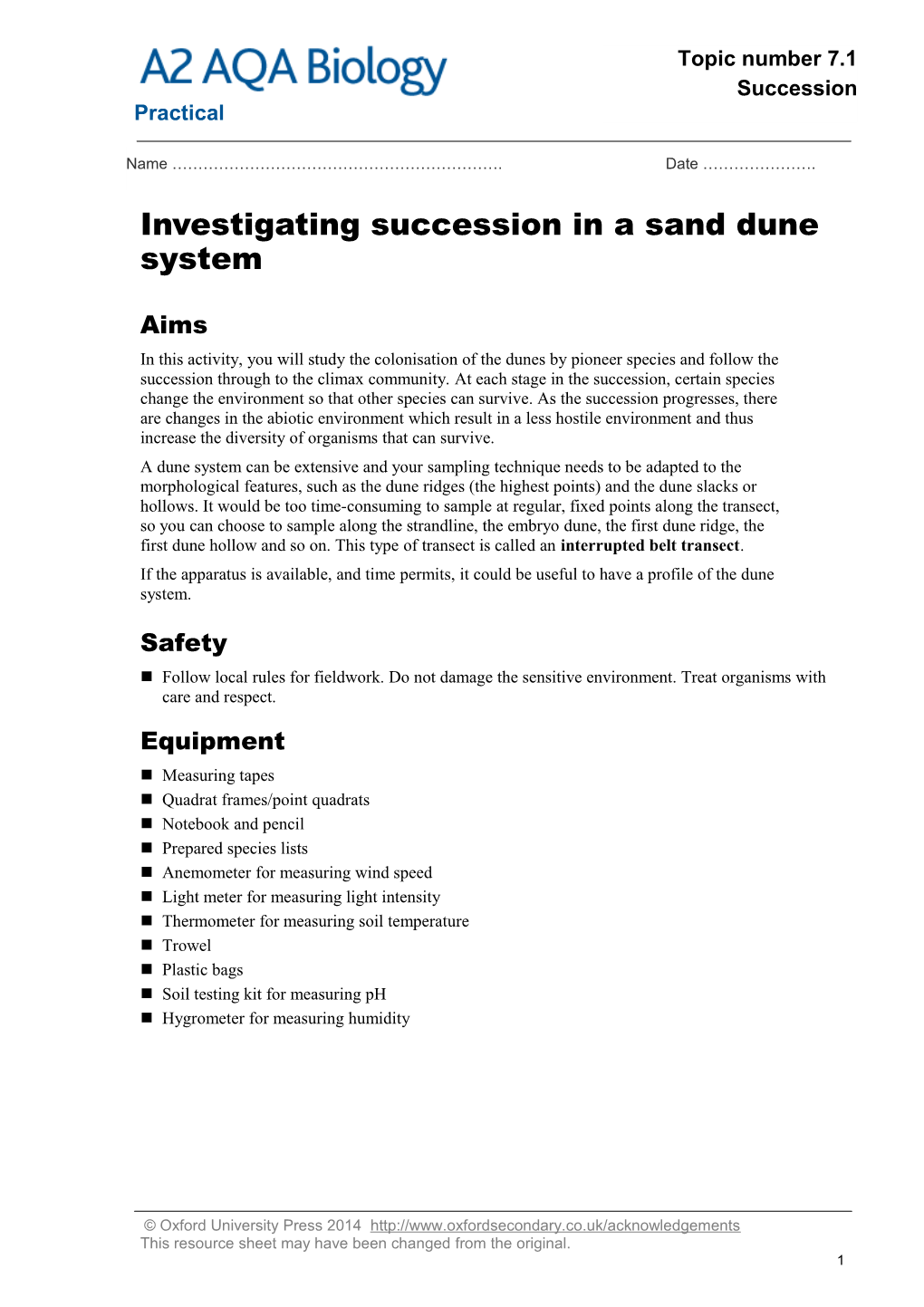 Investigating Succession in a Sand Dune System