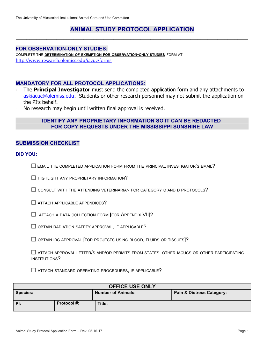 Animal Study Protocol Application Form