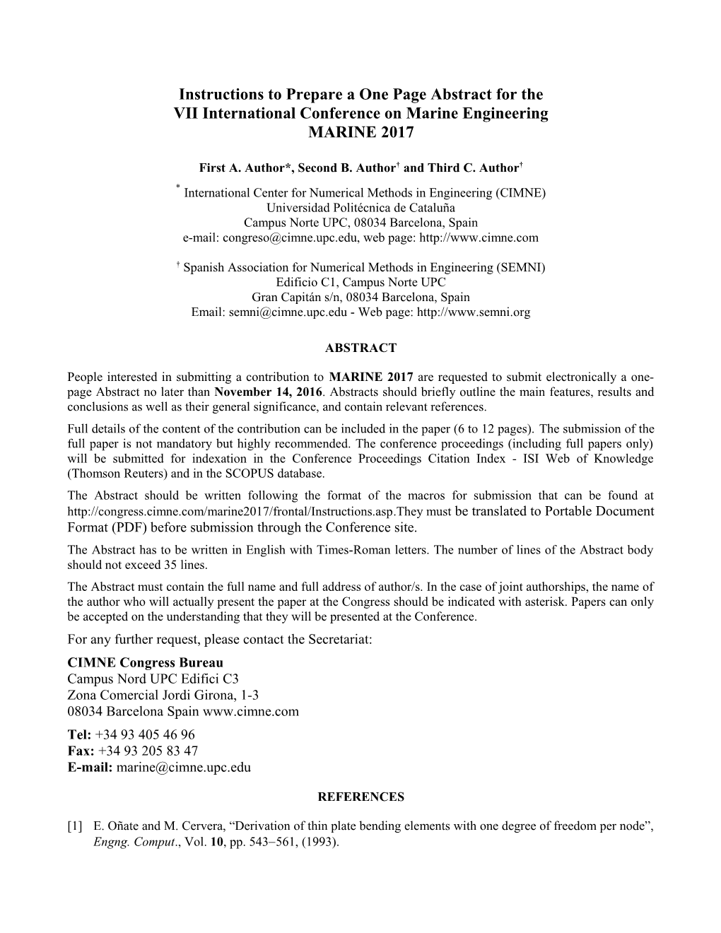 Instructions How to Prepare a One Page Abstract for the European Congress on Computational