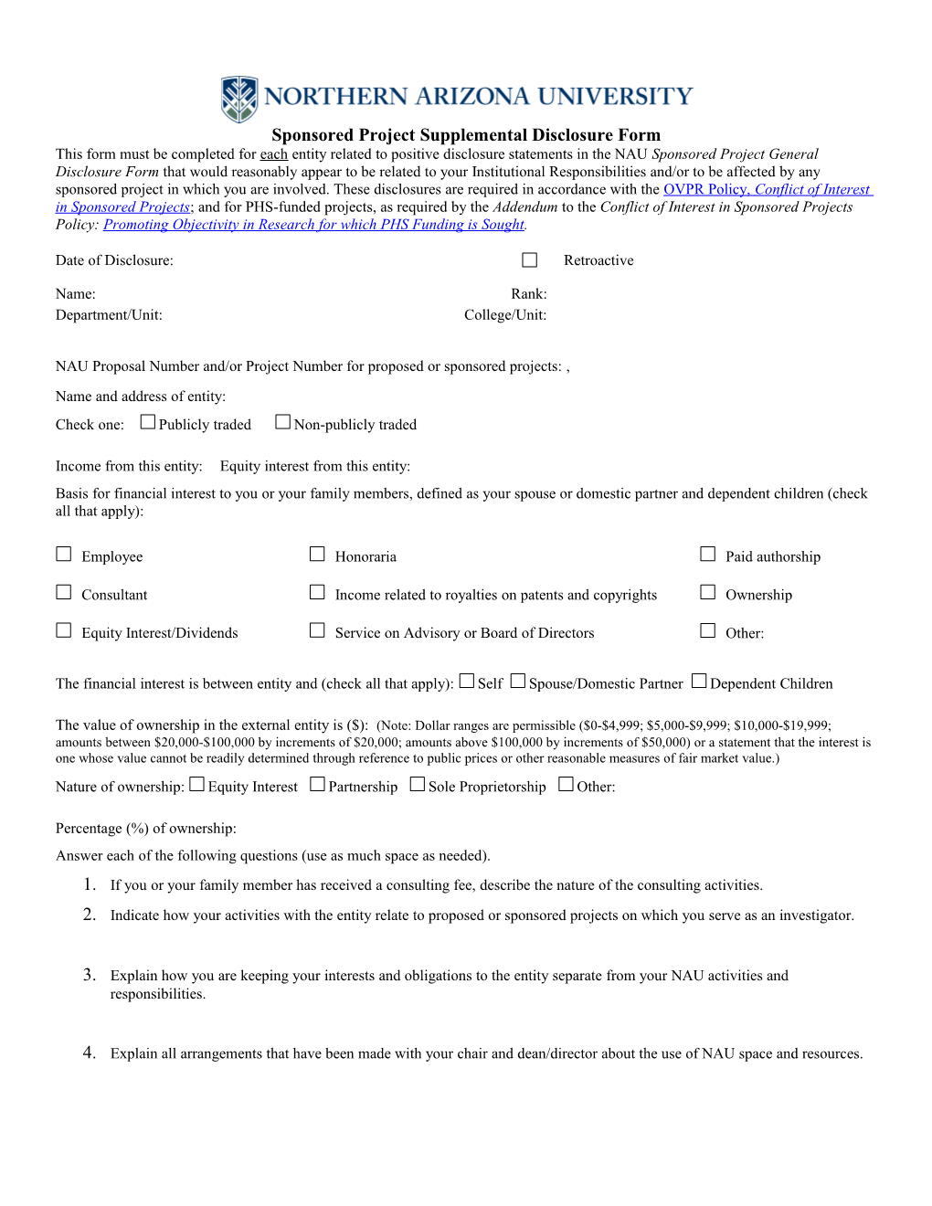 Sponsored Project Supplemental Disclosure Form
