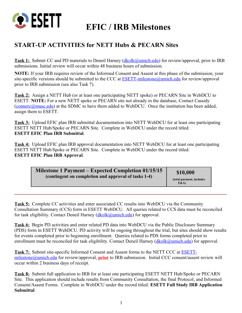START-UP ACTIVITIES for NETT Hubs & PECARN Sites