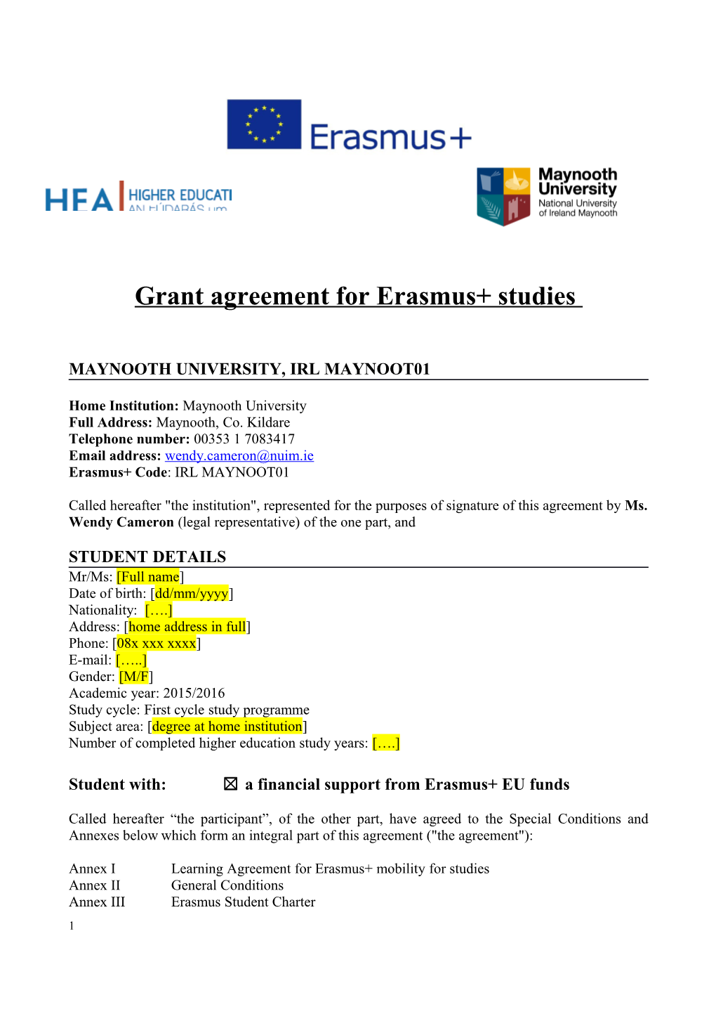 Grant Agreement for Erasmus+ Studies