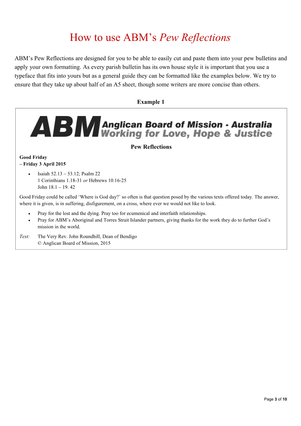 I Am Delighted to Be Able to Present the Final Quarter S Set of ABM S Pew Reflections for 2015