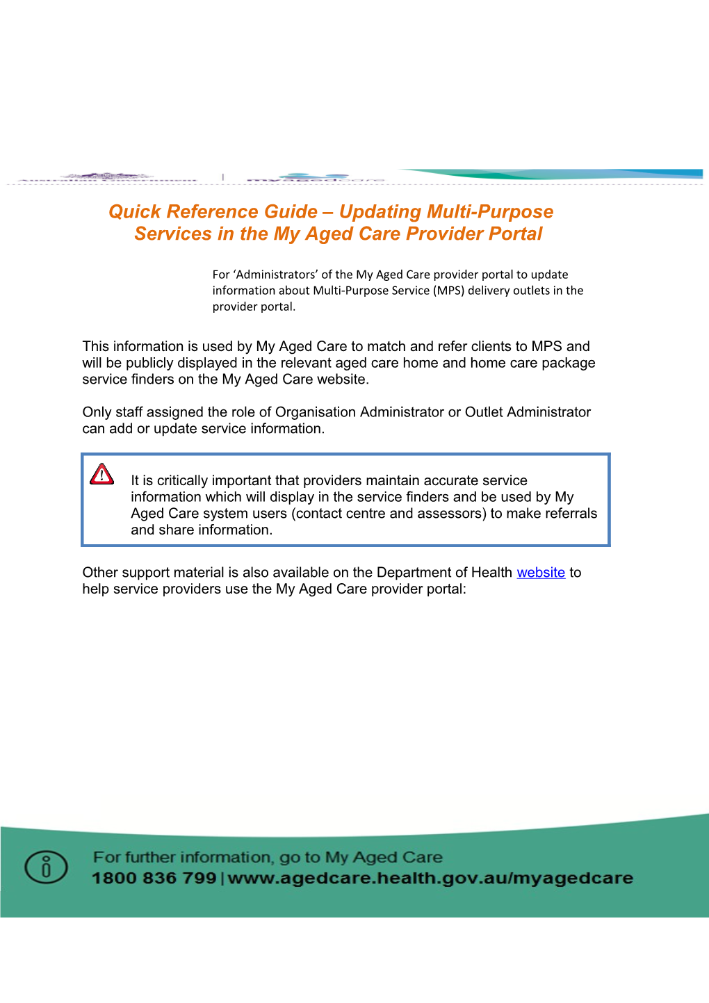 Quick Reference Guide Updating Multi-Purpose Services in the My Aged Care Provider Portal