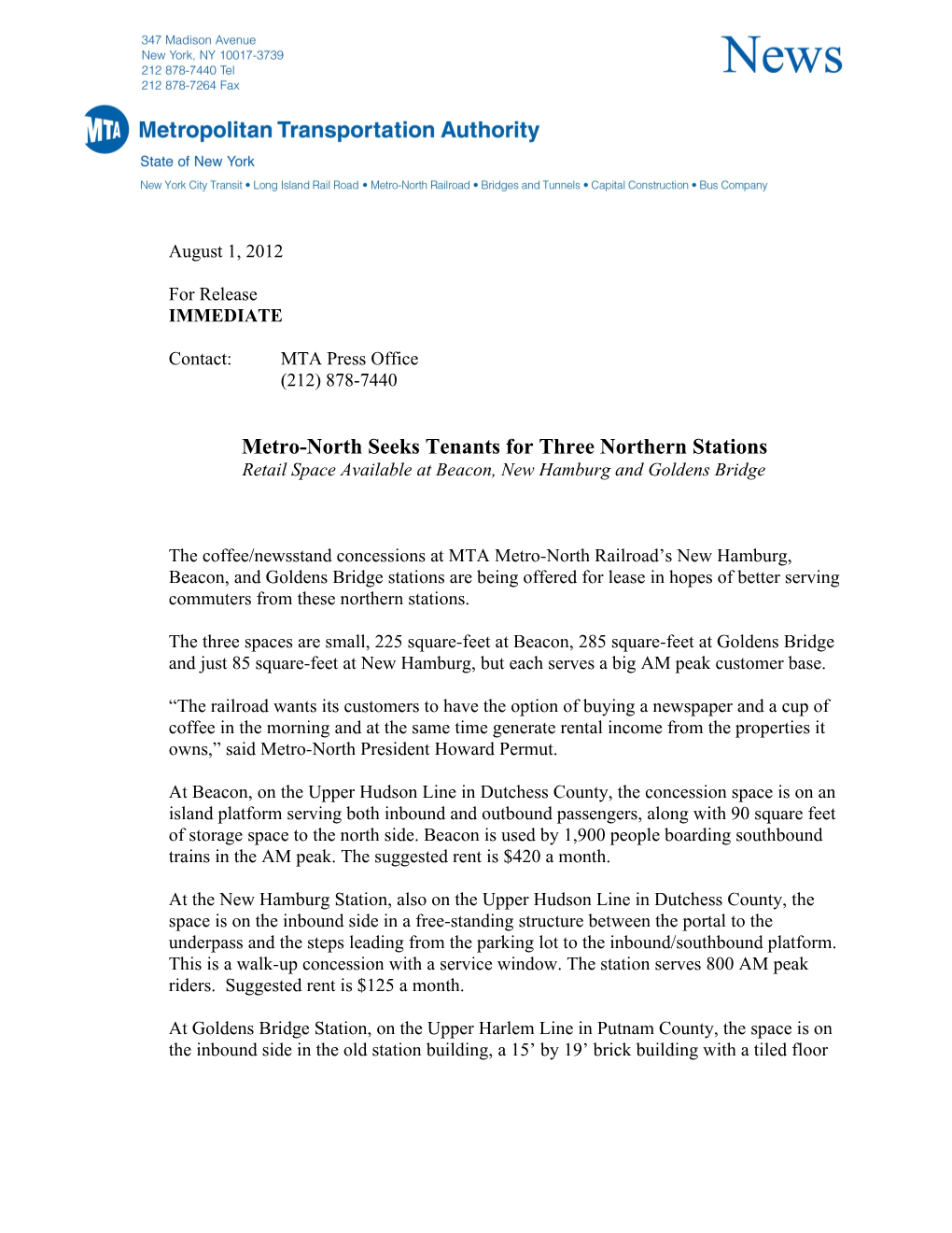 Metro-North Seeks Tenants for Three Northern Stations