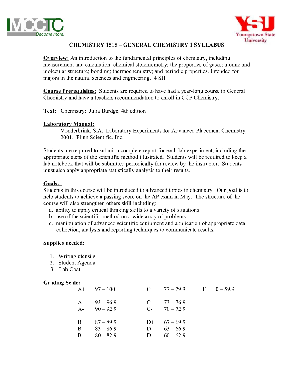 Chemistry 1515 General Chemistry 1 Syllabus