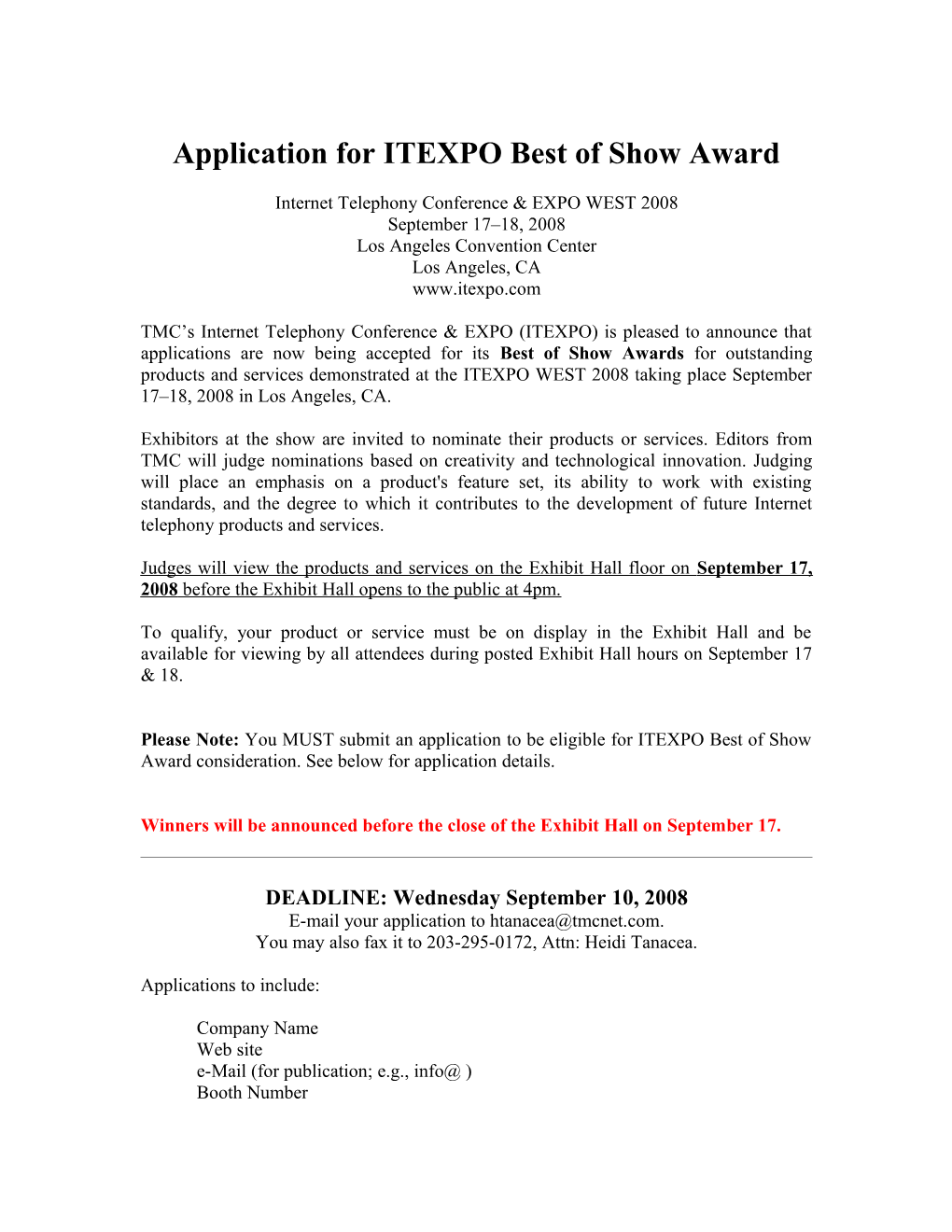 Application for Best of Show Award