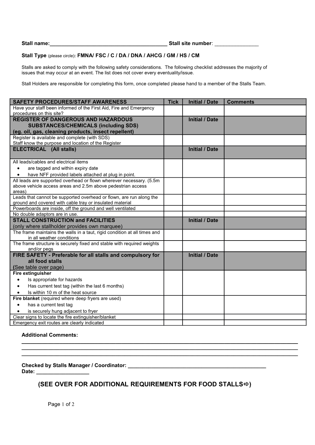 Checklist for Food Vans and Trading Stalls