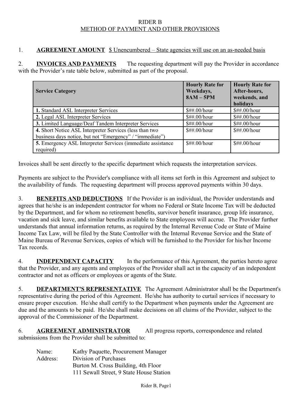 Method of Payment and Other Provisions