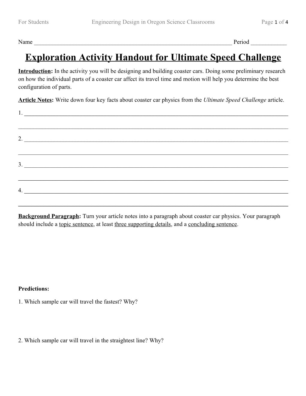 Exploration Activity Handout for Ultimate Speed Challenge