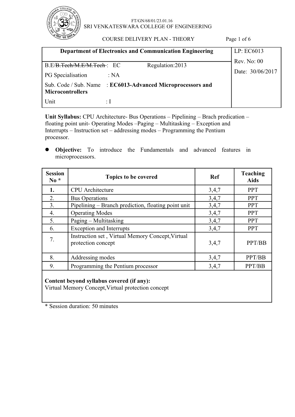 Department of Electronics and Communication Engineering