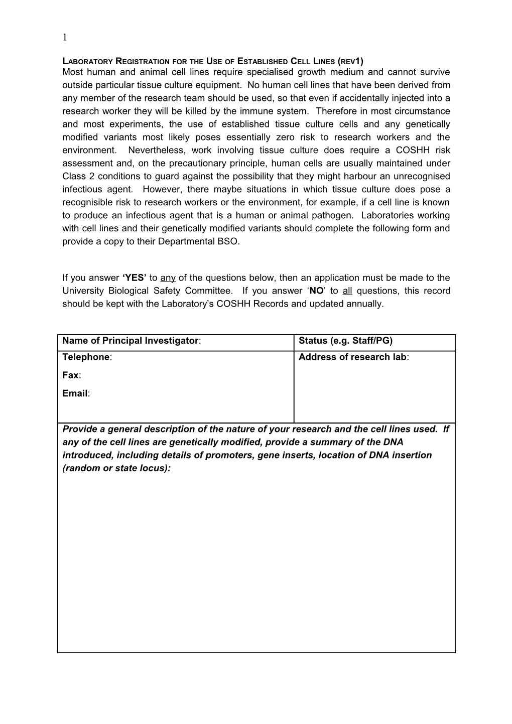 Risk Assessment Form for the Use of Transfected Cell Lines (Rev1)