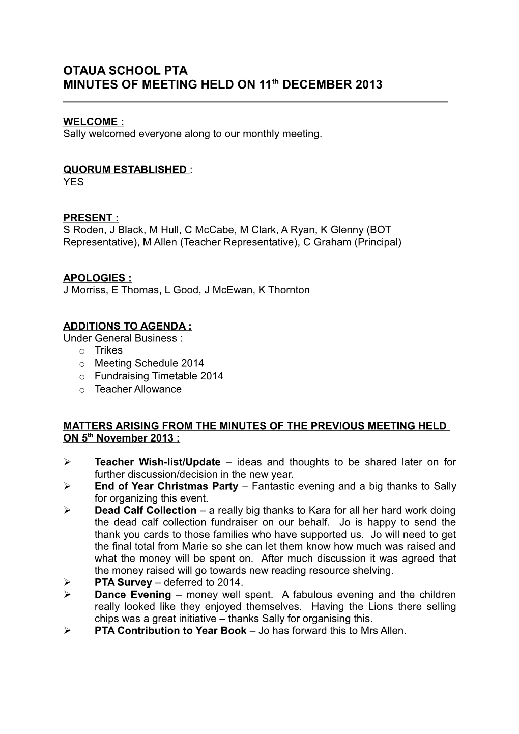 MINUTES of MEETING HELD on 11Th DECEMBER 2013