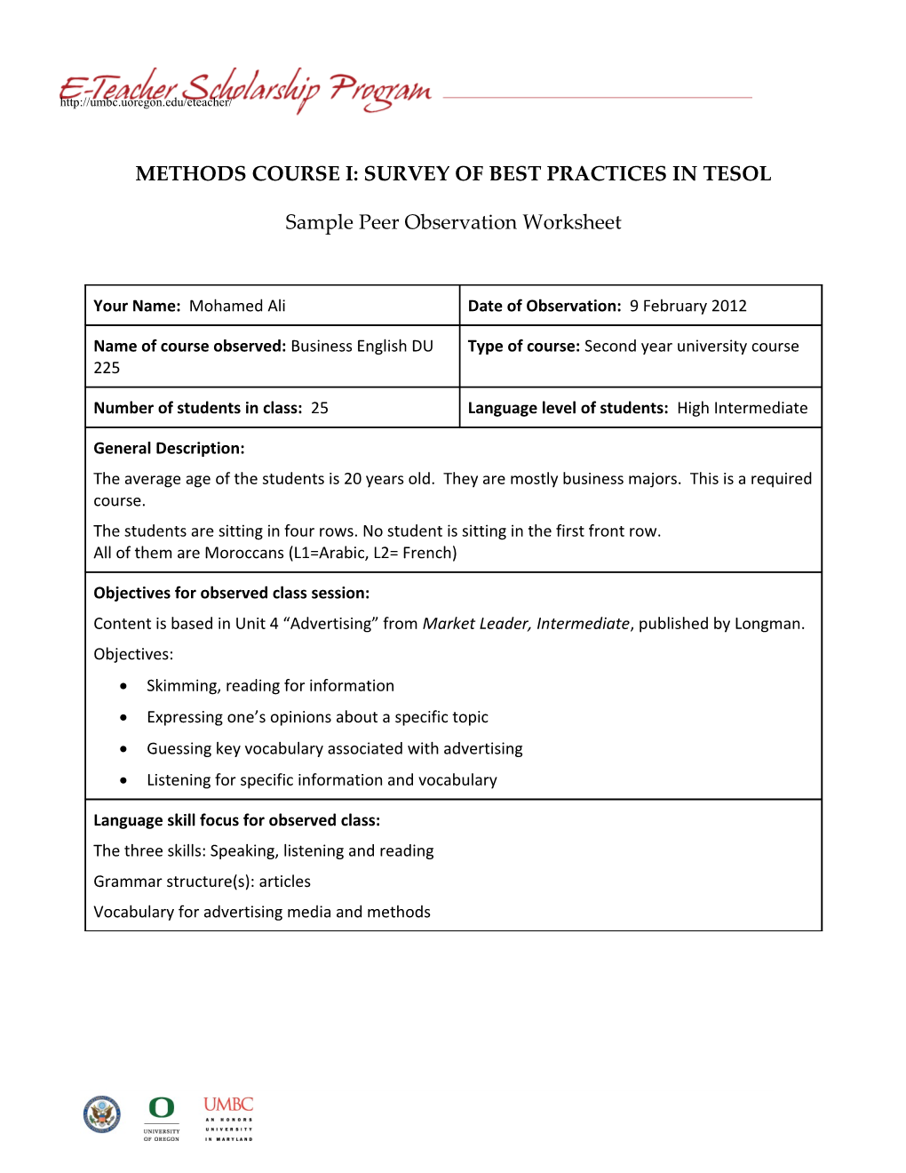 Methods Course I: Survey of Best Practices in Tesol