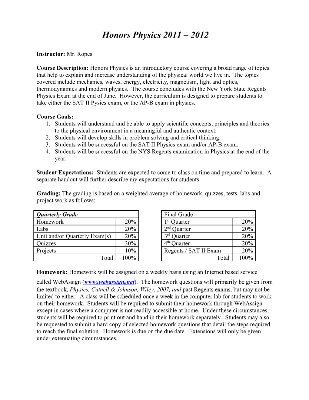 Honors Physics 2011 2012