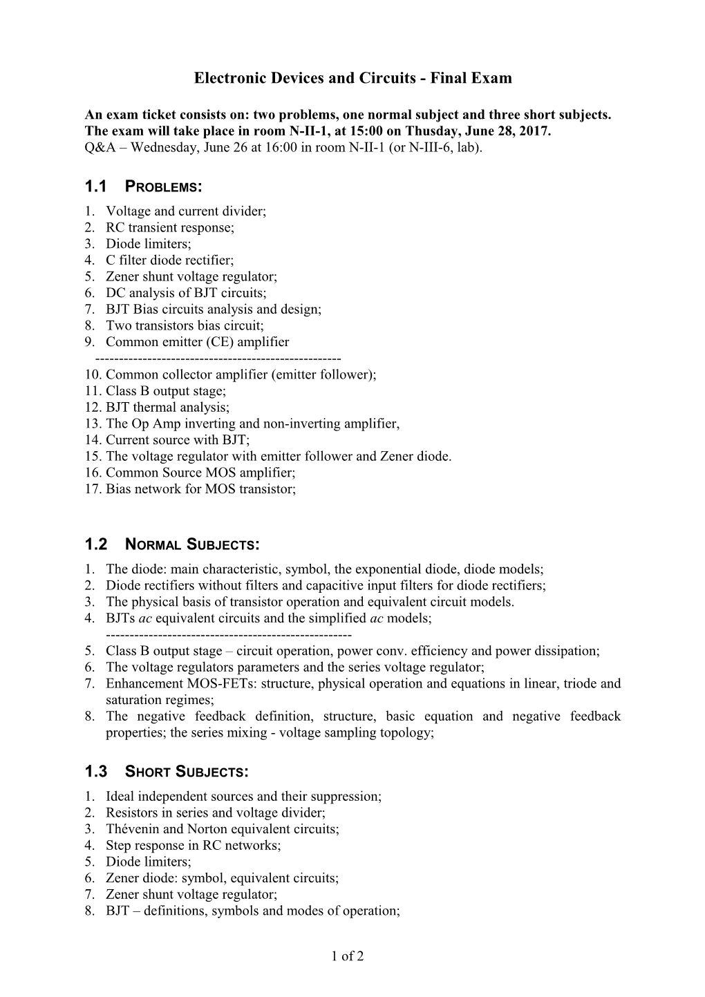 Electronic Devices and Circuits - Final Exam