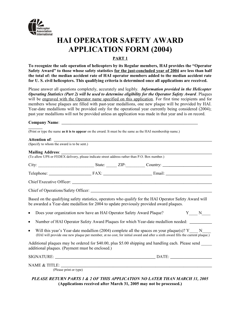 Hai Operator Safety Award Application Form (2004)